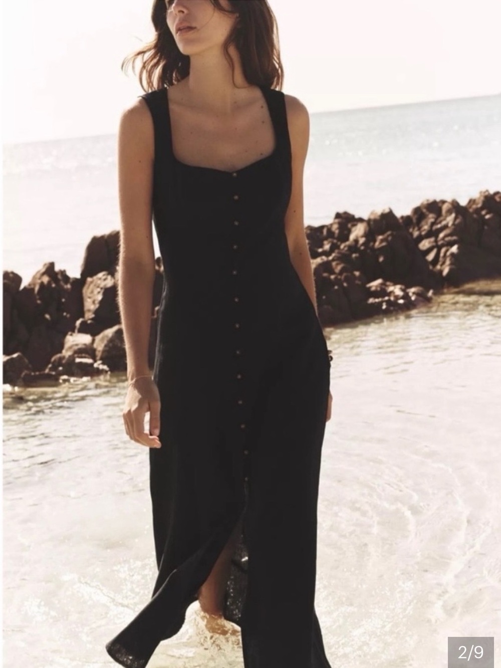 Zara Button-Front Black Linen Midi Dress